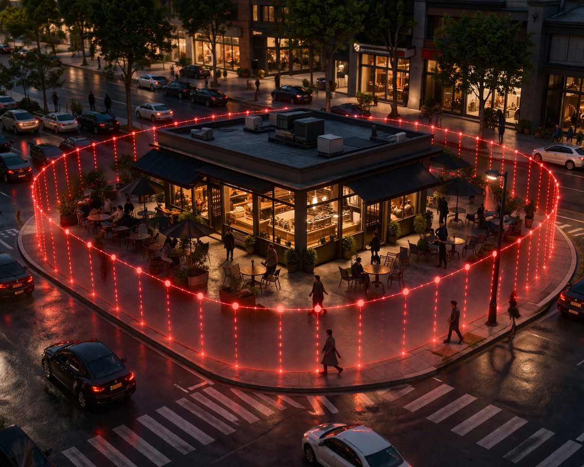 A geofence perimeter drawn around a restaurant capturing nearby devices